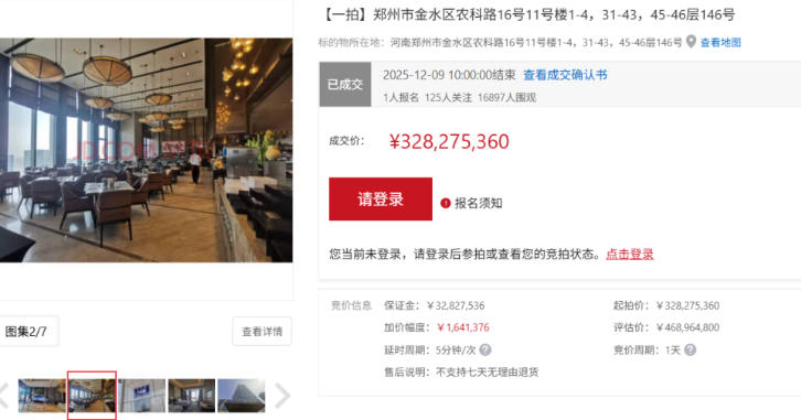 3.28億元底價成交！鄭州富力萬達文華酒店被國資競得